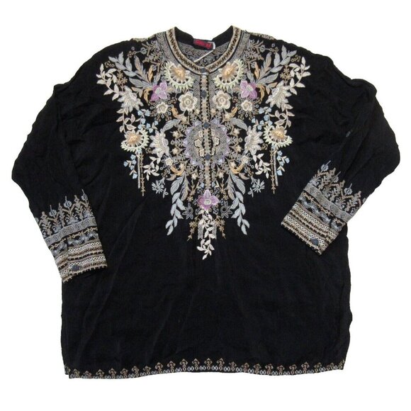NWT Johnny Was Mandiya Blouse in Black Floral Embroidered Henley Top S